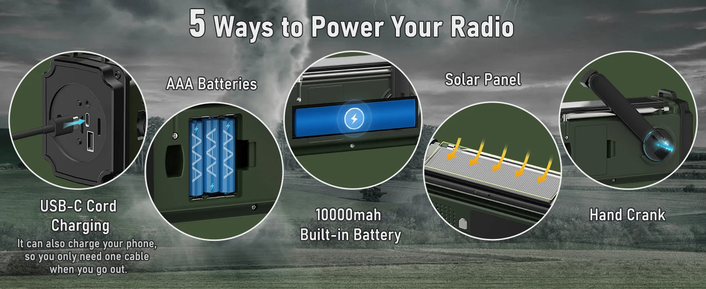 PRUNUS 924 10000mAh Hand Crank Radio, AAA Batteries Powered Emergency Radio Solar, NOAA Weather Radio AM/FM/SW Power Bank Light