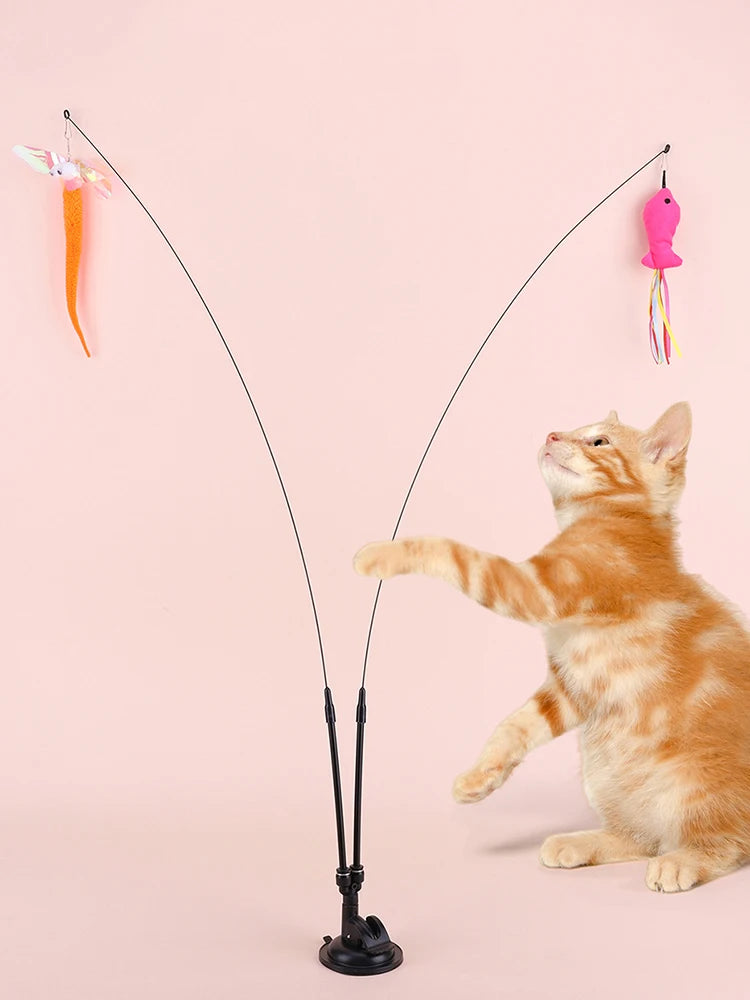 Pet Cat Toy Set Replacement Head Toy Suit Multifunction Interactive Cat Toy Handfree Cat Toy Stick for Floor Glass Door Panel