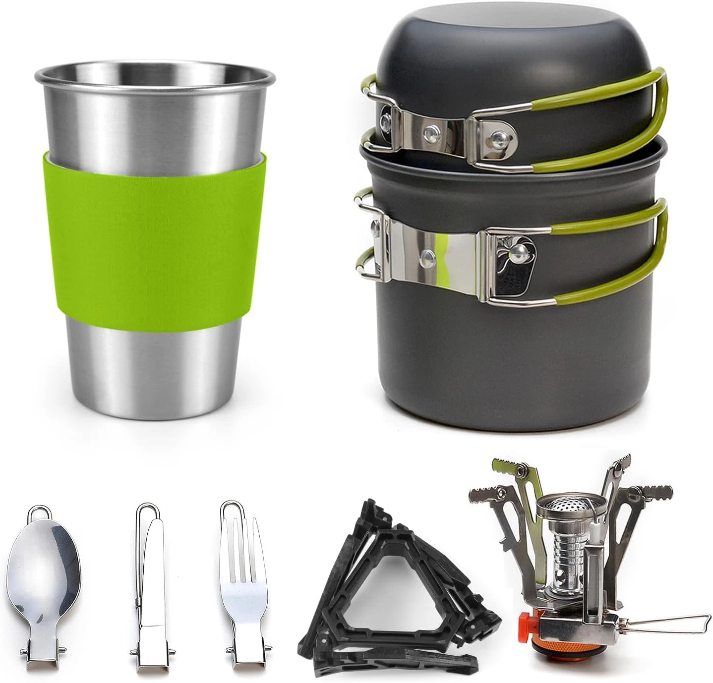 Camping Cookware Stove Carabiner Canister Stand Tripod and Stainless Steel Cup, Tank Bracket, Fork Spoon Kit for Backpacking