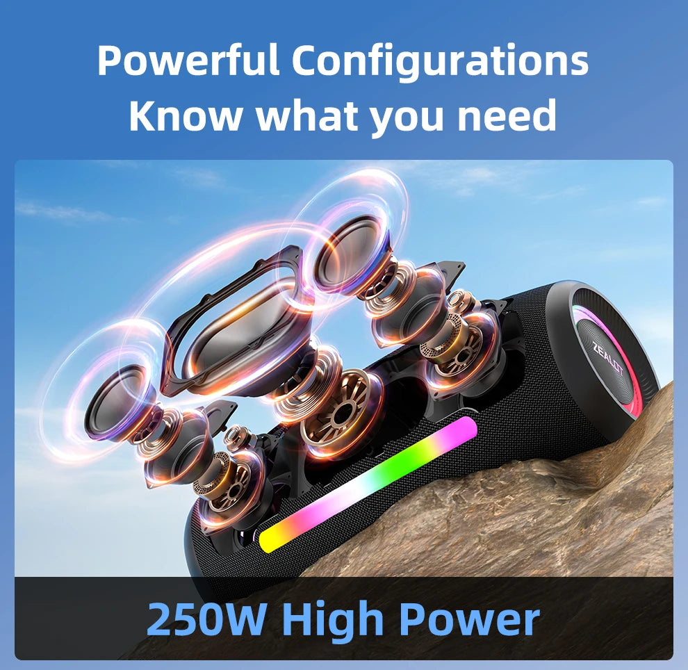Zealot S89 250W Portable Bluetooth Speaker High Volume Waterproof 48000mAh Wireless TWS Subwoofer Suporrt USB/TF/AUX RGB light.