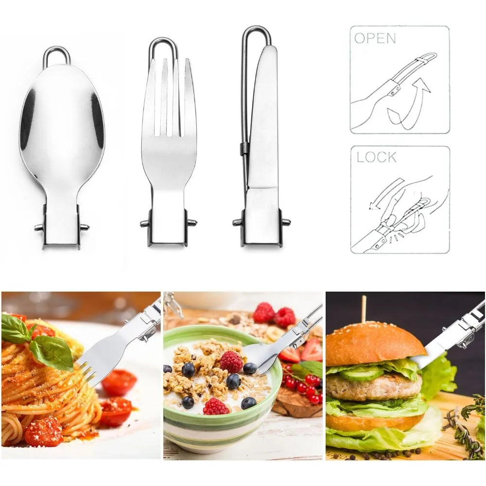 Camping Cookware Stove Carabiner Canister Stand Tripod and Stainless Steel Cup, Tank Bracket, Fork Spoon Kit for Backpacking