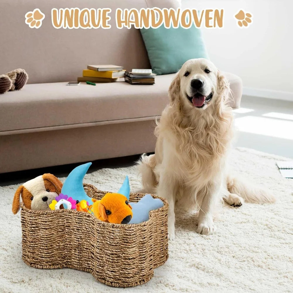 2 Pcs Dog Toy Basket Bone Shaped Dog Toy Box Bin Handmade Wicker Bone Shaped Basket for Pet Storage Organizer, 2 Sizes 16. 1 x