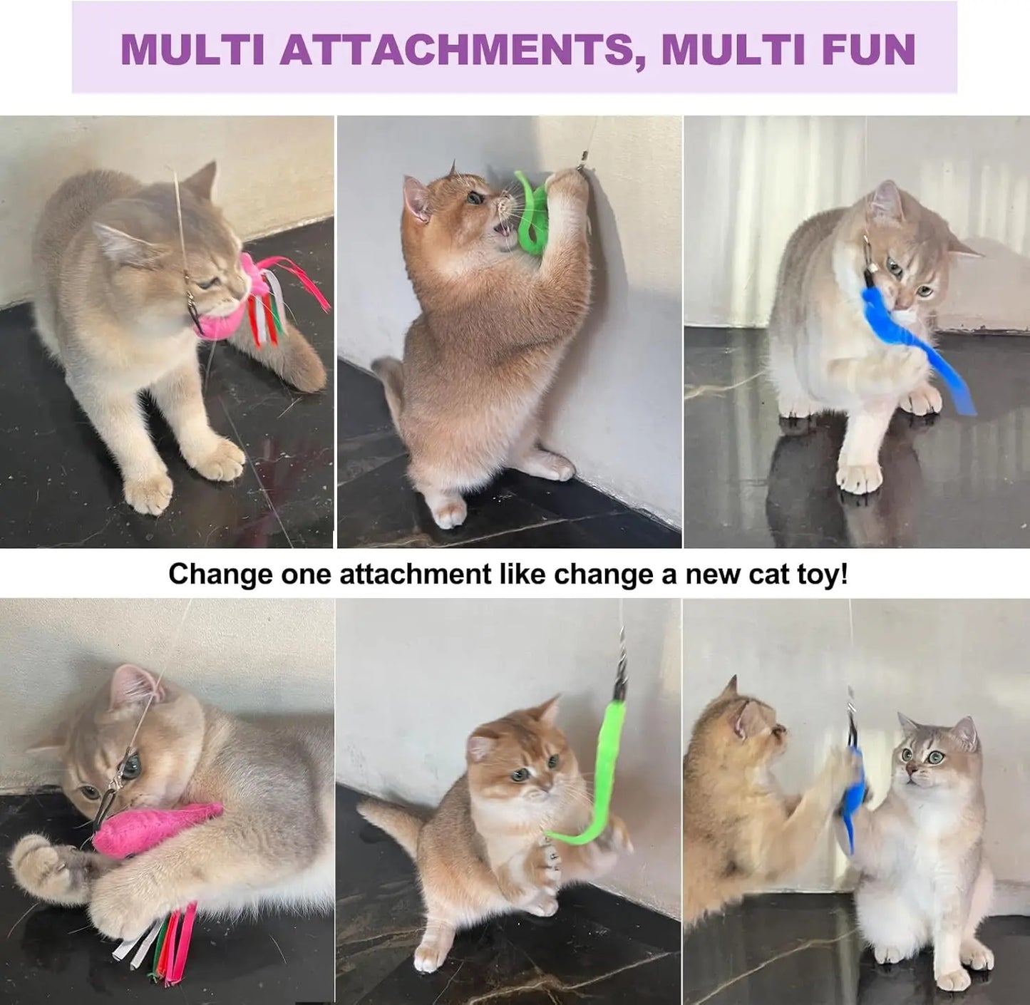 11PCS Cat Wand Toy, Cat Interactive Toys for Indoor Cats, 2 Retractable Cat Wand, 7 Worm Cat Teaser Toys and 1 Plush Fish Cat