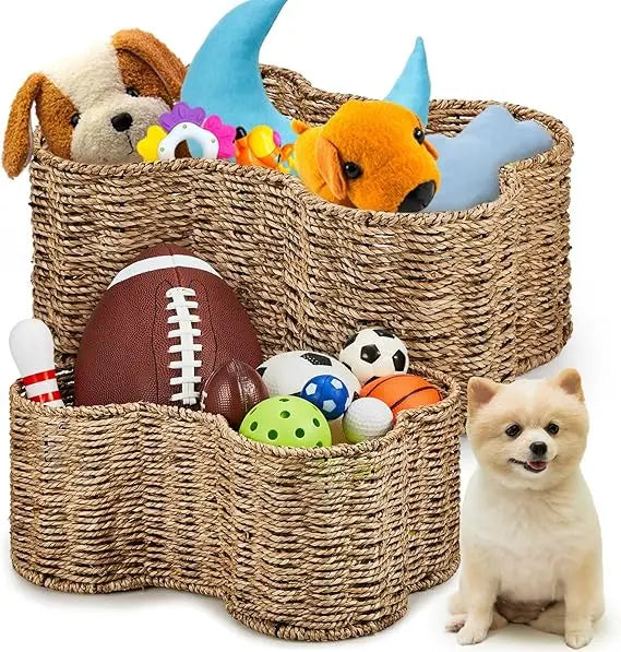 2 Pcs Dog Toy Basket Bone Shaped Dog Toy Box Bin Handmade Wicker Bone Shaped Basket for Pet Storage Organizer, 2 Sizes 16. 1 x
