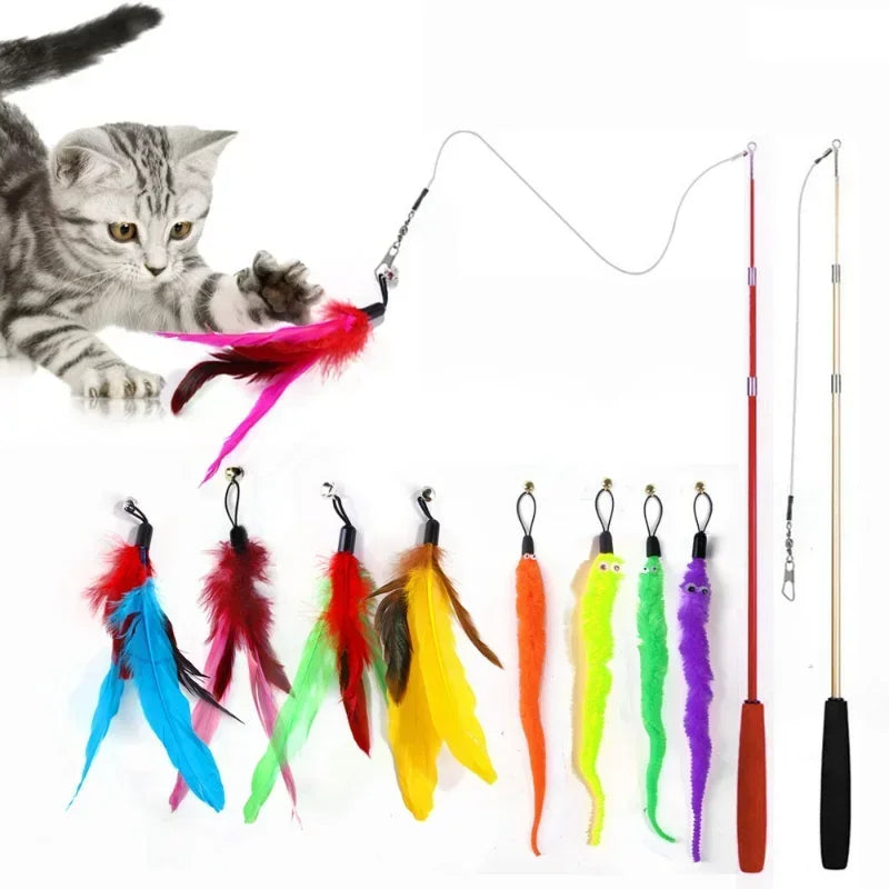 Rod Cat Cat Head with Interactive Cat Fishing Toy Color Feather Toy Pet Funny Toys Feather Bell Replacement Toy