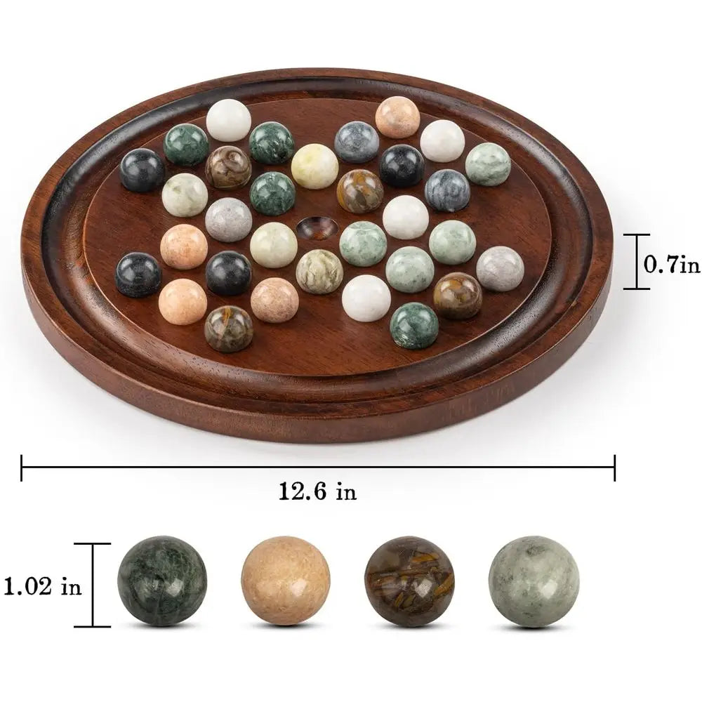 Lingle Deluxe Solitaire Game Set: 12.6'' Solid Wooden Board, 32 Natural Marble Balls, Single-Player Strategy and Smart Games