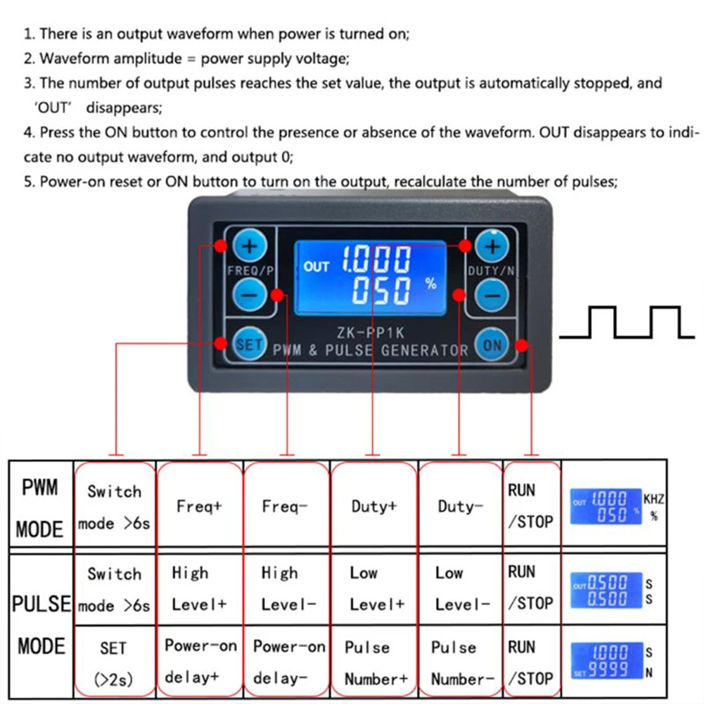 ZK-PP1K Dual Mode LCD PWM Signal Generator 1-channel 1HZ-150KHZ Pulse Frequency Duty Cycle Adjustable Square Wave Generator