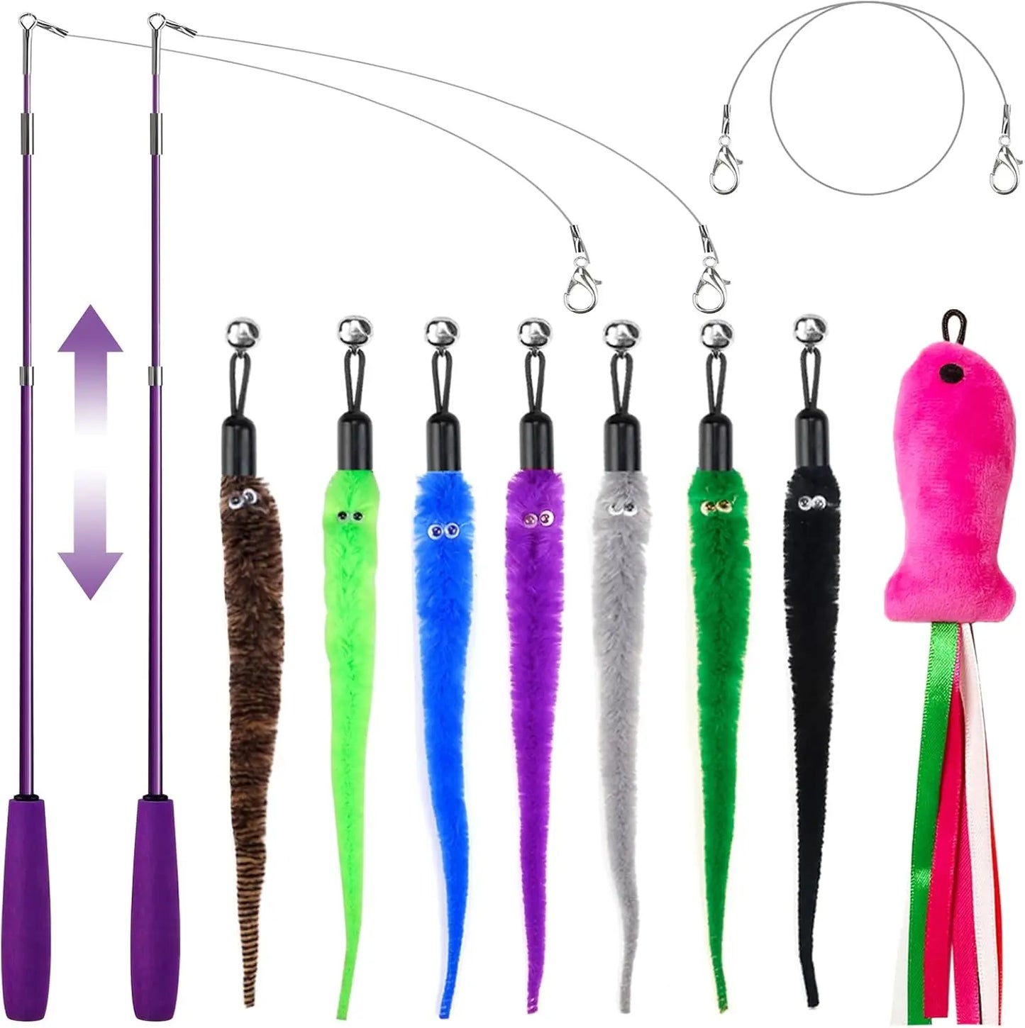 11PCS Cat Wand Toy, Cat Interactive Toys for Indoor Cats, 2 Retractable Cat Wand, 7 Worm Cat Teaser Toys and 1 Plush Fish Cat