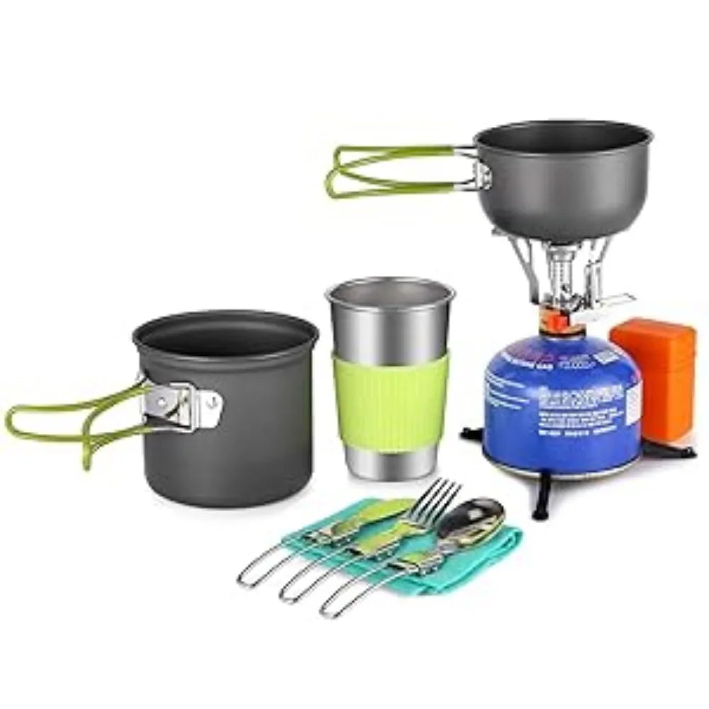 Camping Cookware Stove Carabiner Canister Stand Tripod and Stainless Steel Cup, Tank Bracket, Fork Spoon Kit for Backpacking