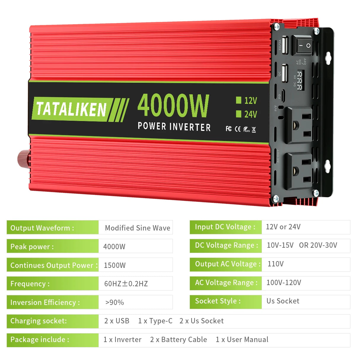 12V to 110V LCD Display Voltage Transformer Car Adapter 4000W Vehicle Power Inverter  Charge Converter