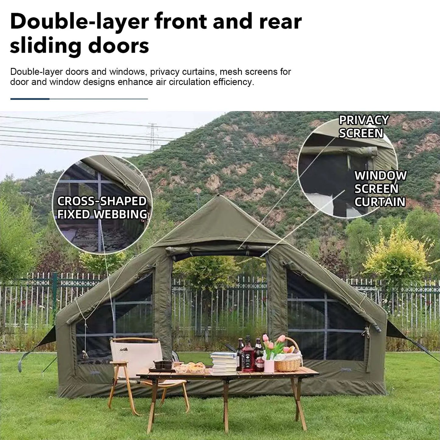Army Green Waterproof Windproof Inflatable Tent for Camping,4 Season Air Glamping Tent House with Chimney Opening,AC Vent