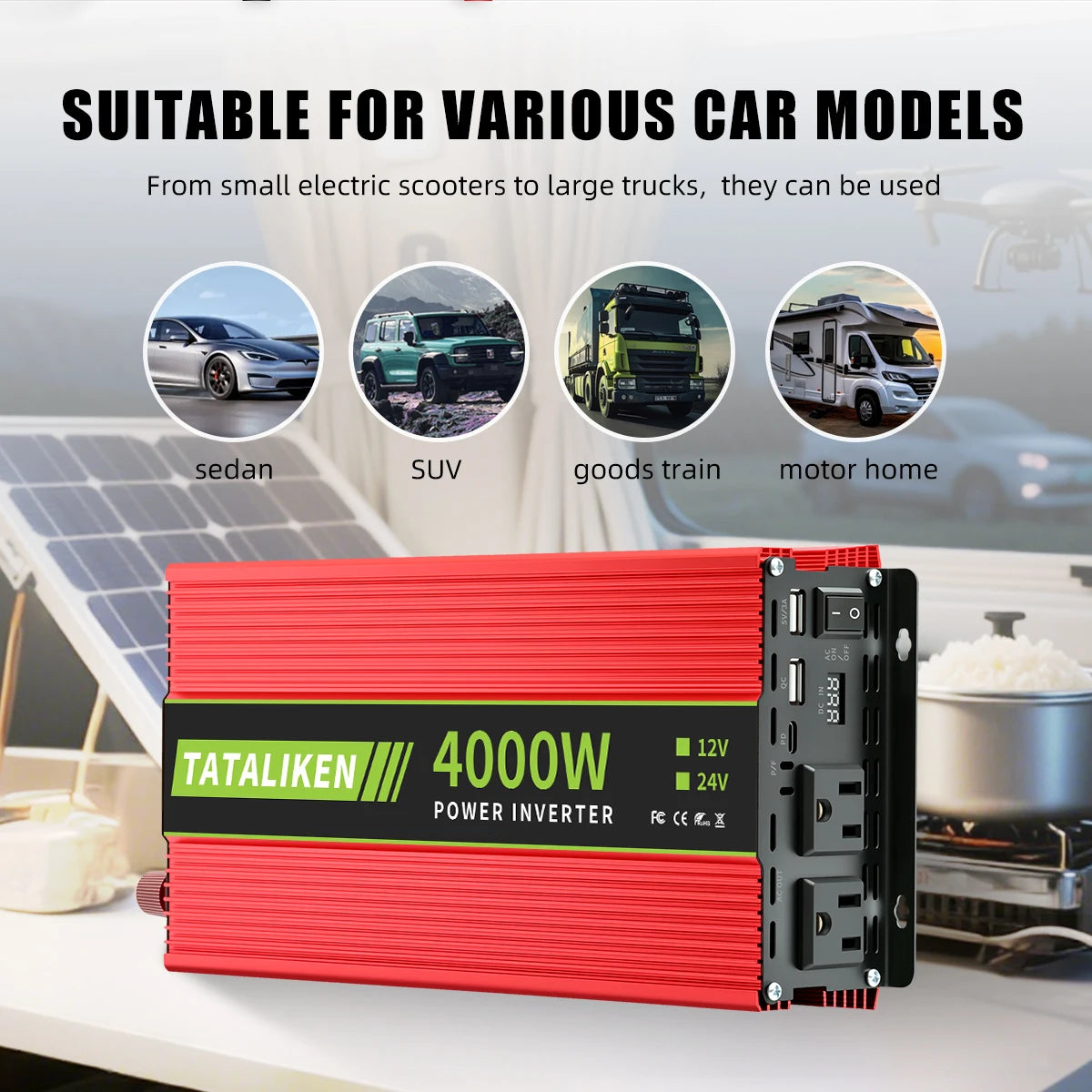 4000W Inverter, DC 12V to AC 110V60HZ power converter Camping Power Converter,Quiet Power Inverter