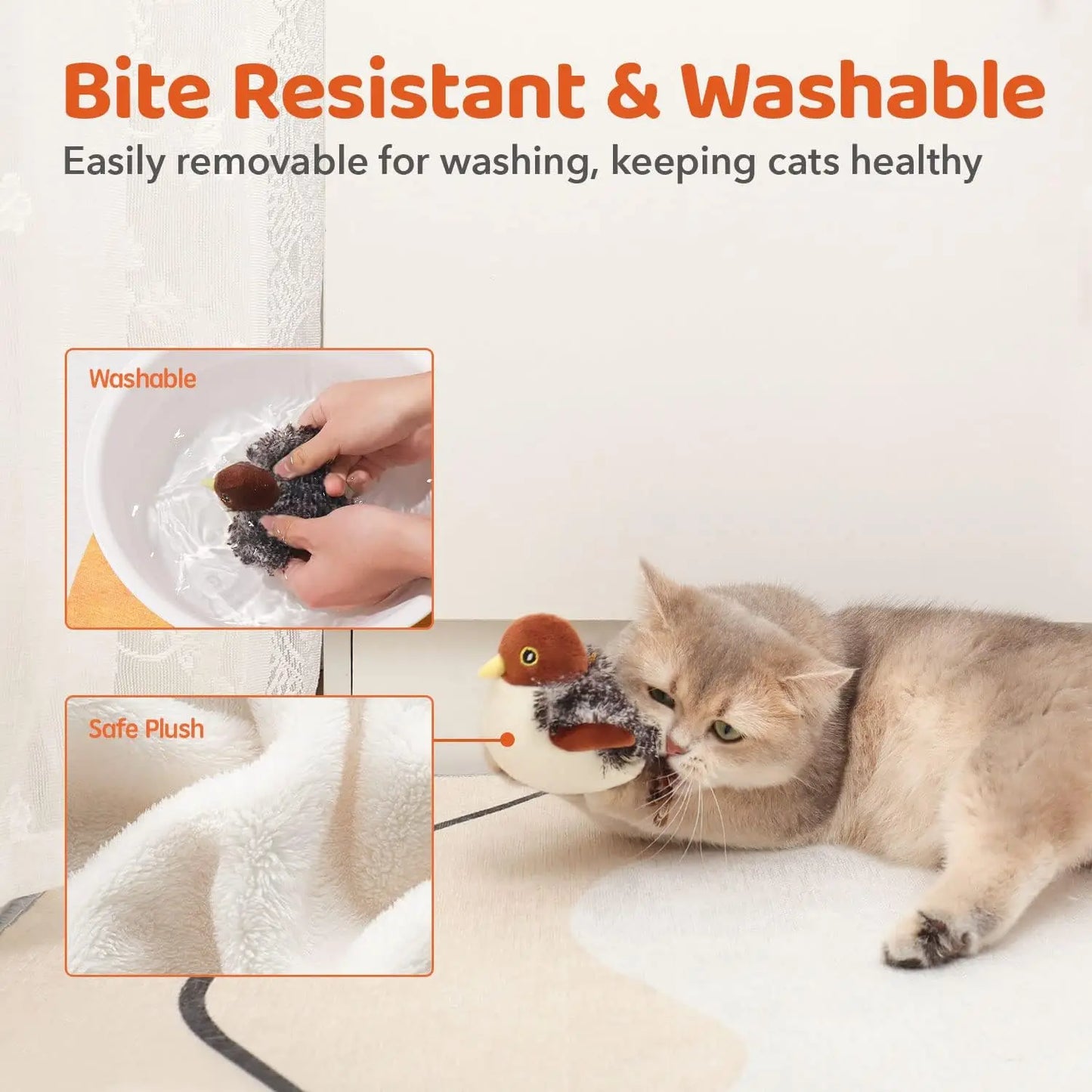 Cat toys can be charged to flap birds, with realistic chirping and touch activated interactive cat sports toys