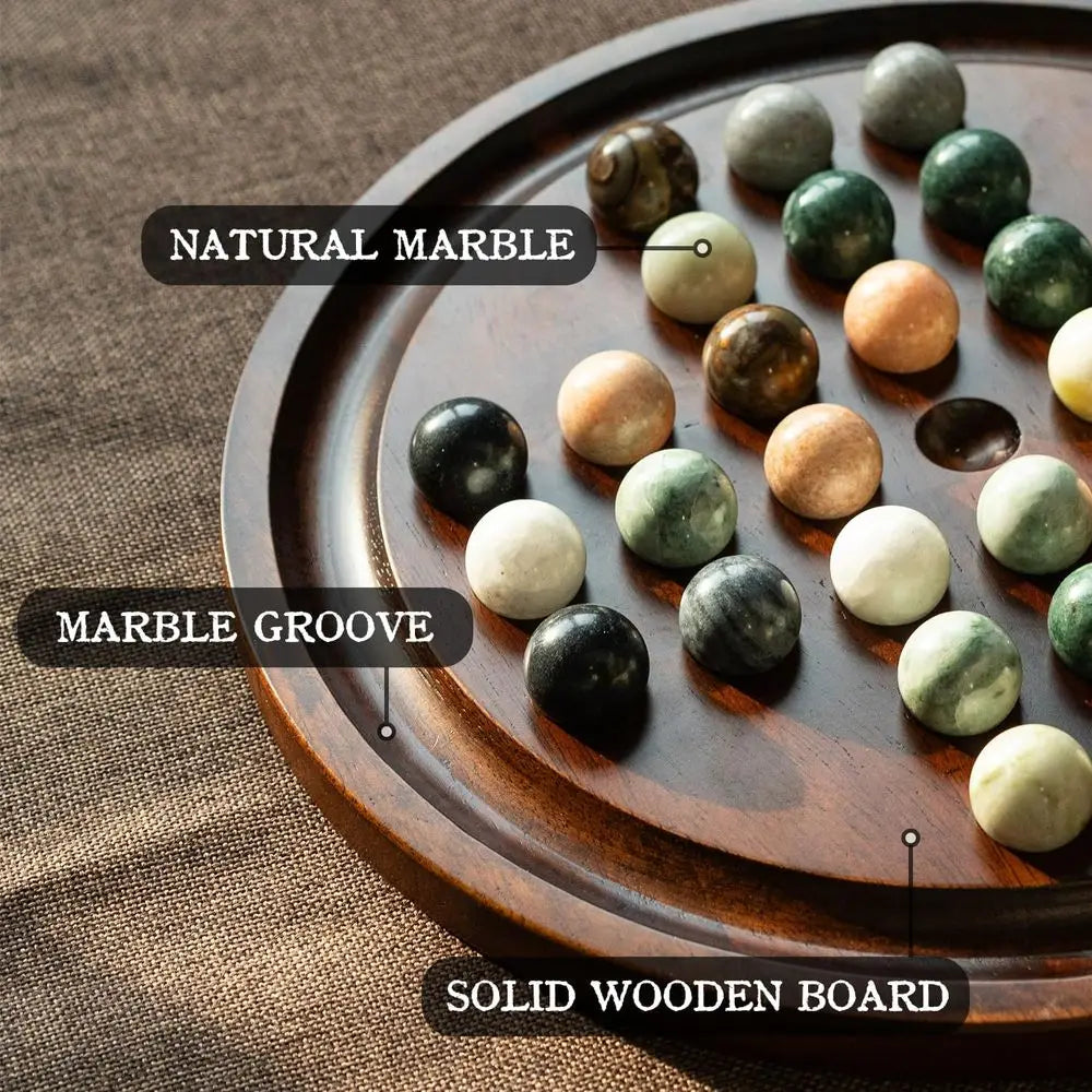 Lingle Deluxe Solitaire Game Set: 12.6'' Solid Wooden Board, 32 Natural Marble Balls, Single-Player Strategy and Smart Games