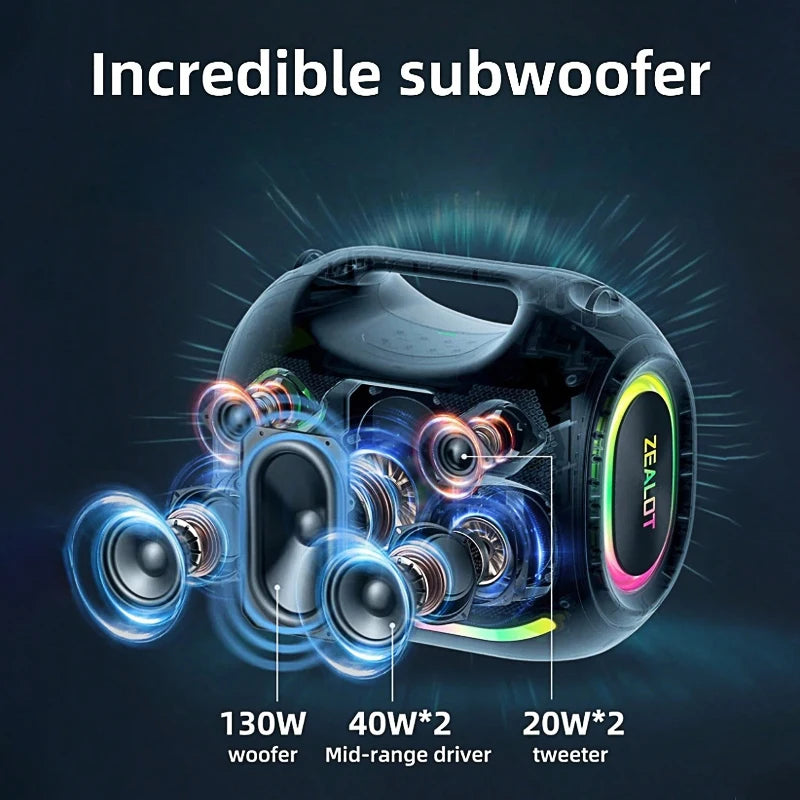 ZEALOT ZE21 250W Wireless Speaker, Outdoor Portable, 48000mAh Long Battery, With RGB Color Lights, Up To 18 Hours Of Play Time.