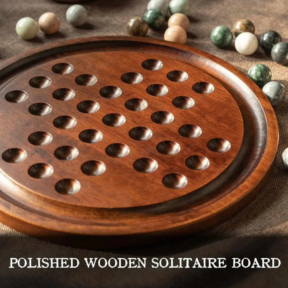 Lingle Deluxe Solitaire Game Set: 12.6'' Solid Wooden Board, 32 Natural Marble Balls, Single-Player Strategy and Smart Games