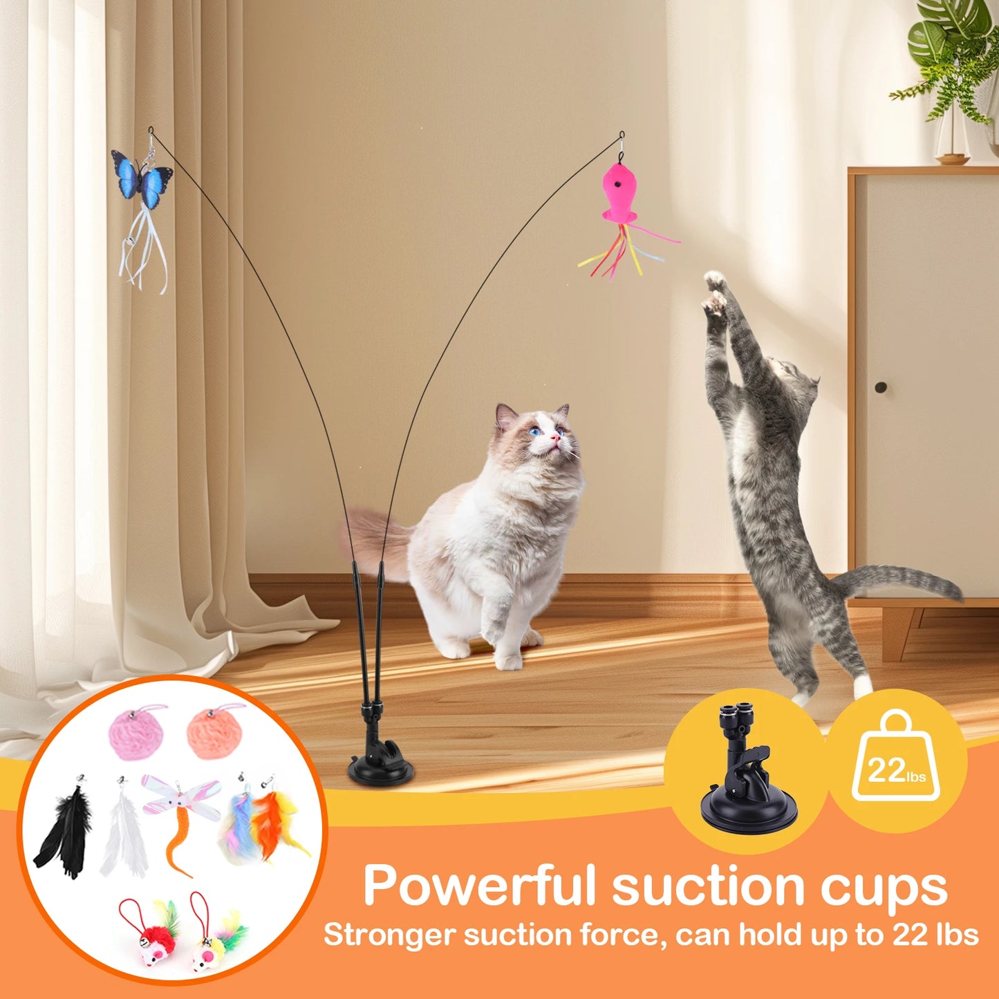 Pet Cat Toy Set Replacement Head Toy Suit Multifunction Handfree Cat Toy Stick Detachable for Cat Training Playing Accessories