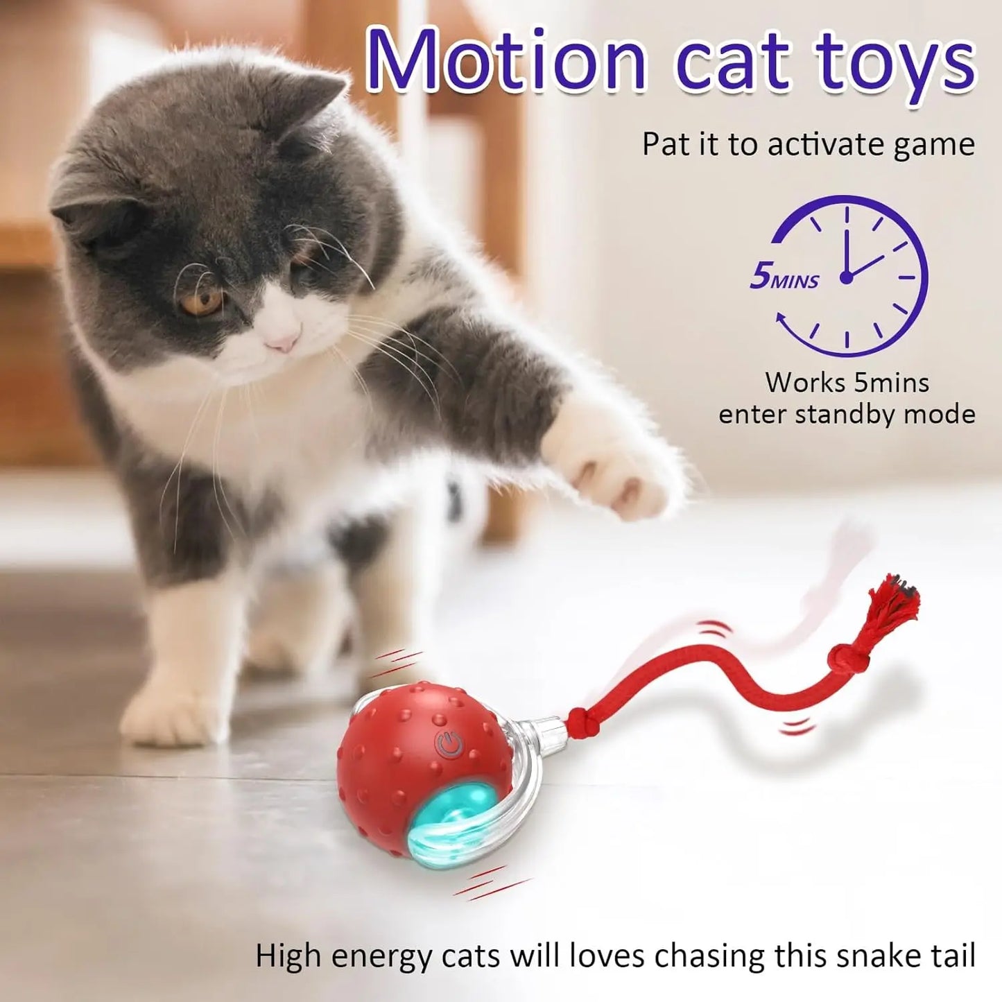 Interactive cat toy ball for indoor cats rolls quickly on the carpet, chirping and activating cat toys with movements (red)