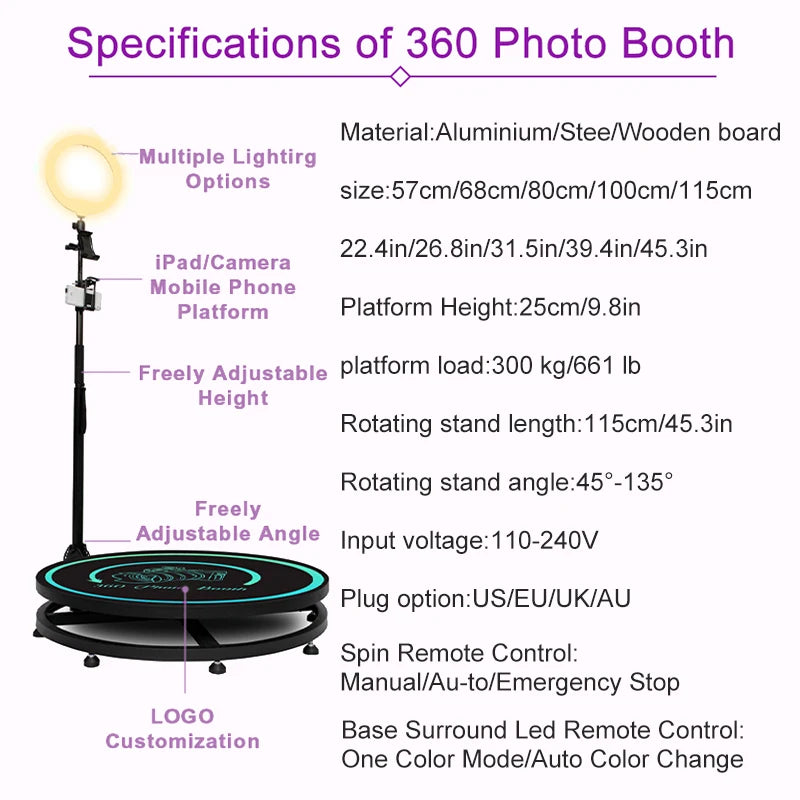 360 Photo Booth insta 360 Machine Camera APP Lights For Parties With Software Logo Customization Automatic 360 Spin Camera Booth