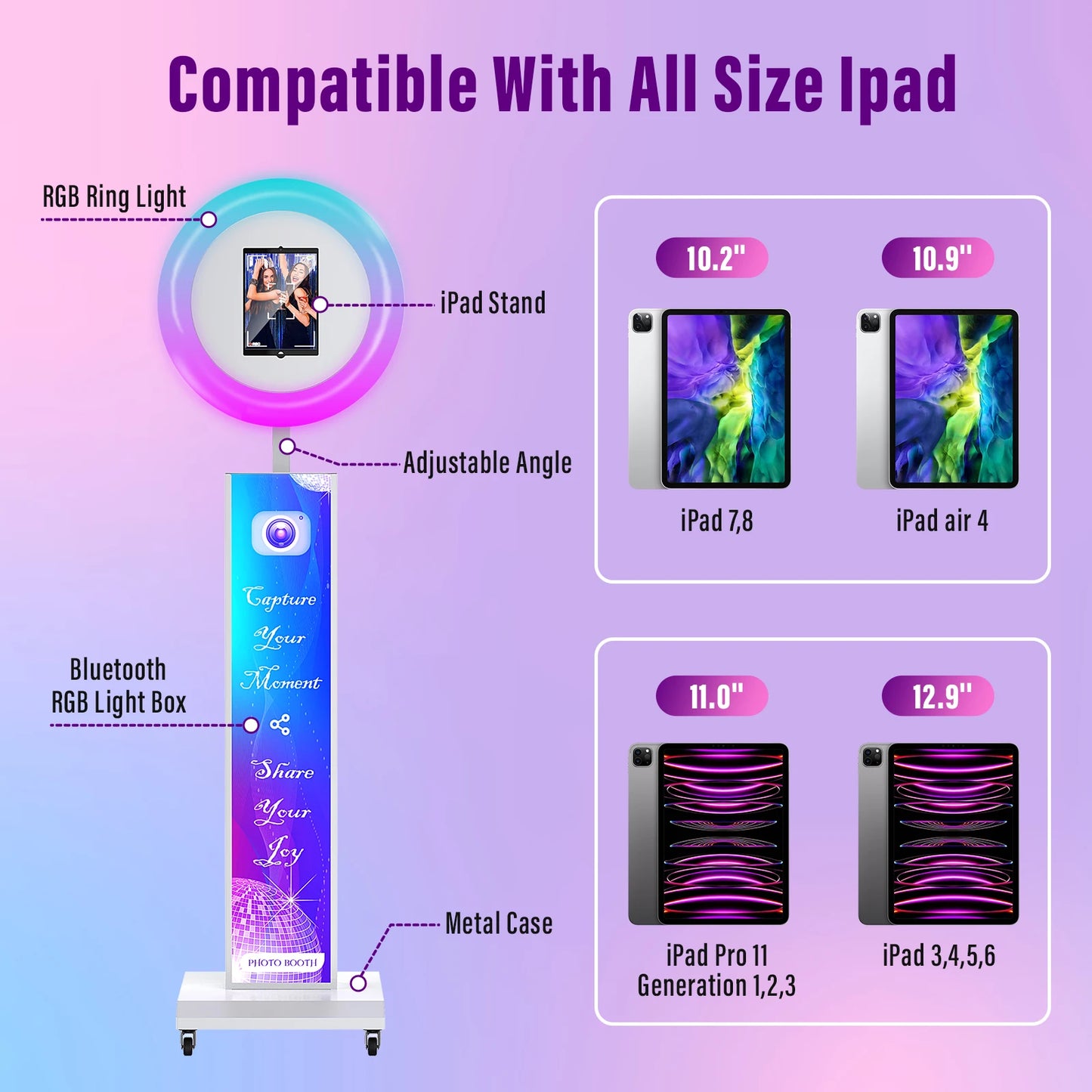 iPad Photo Booth Selfie Machine Shell Adjustable Stand Photobooth For Wedding Partys Events Customized LOGO With LED Ring Light