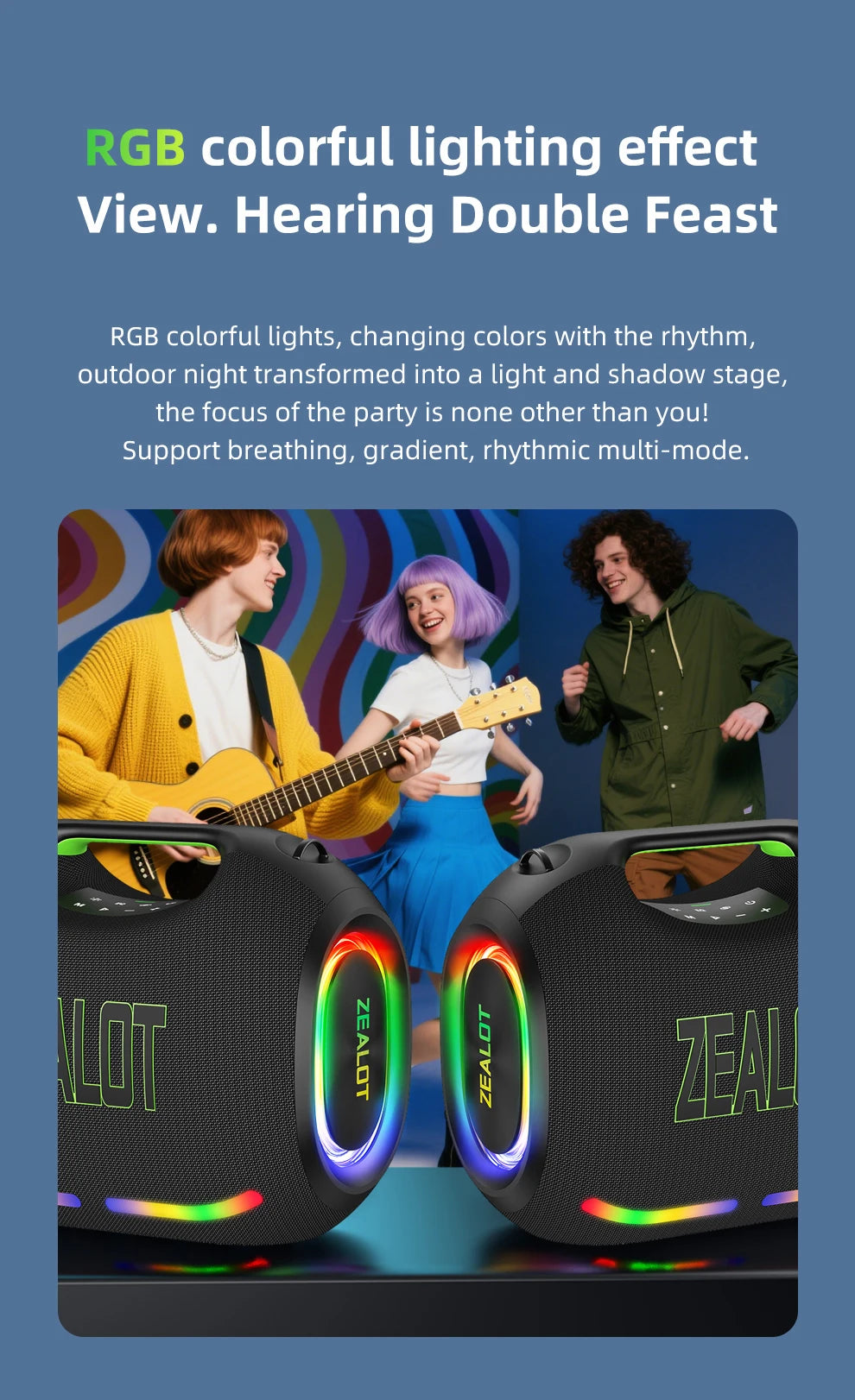 ZEALOT ZE21 250W Wireless Speaker, Outdoor Portable, 48000mAh Long Battery, With RGB Color Lights, Up To 18 Hours Of Play Time.