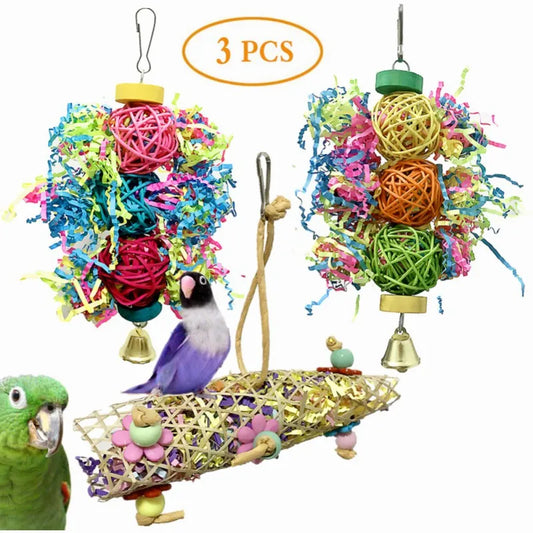 3Pcs/Lot Bird Parrot Toys Set Colorful Shredder Foraging Assorted Hanging Cage Birds Chewing Rack Toys Pet Parrot Molar Bite Kit