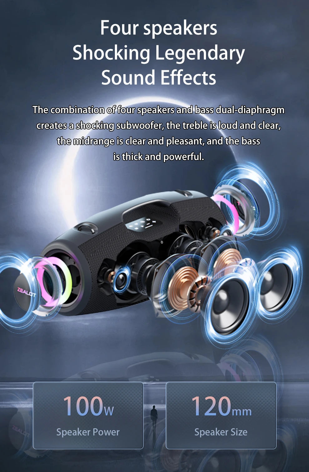 Zealot S78 100W Wireless Speakers, DSP Technology ,Dream Light, Outdoor Portable Subwoofer Speaker ,  Dual Pairing,24000mAh.