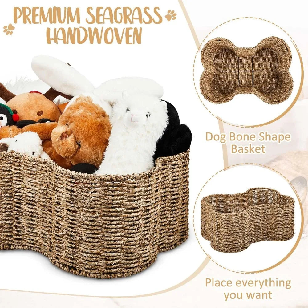 2 Pcs Dog Toy Basket Bone Shaped Dog Toy Box Bin Handmade Wicker Bone Shaped Basket for Pet Storage Organizer, 2 Sizes 16. 1 x