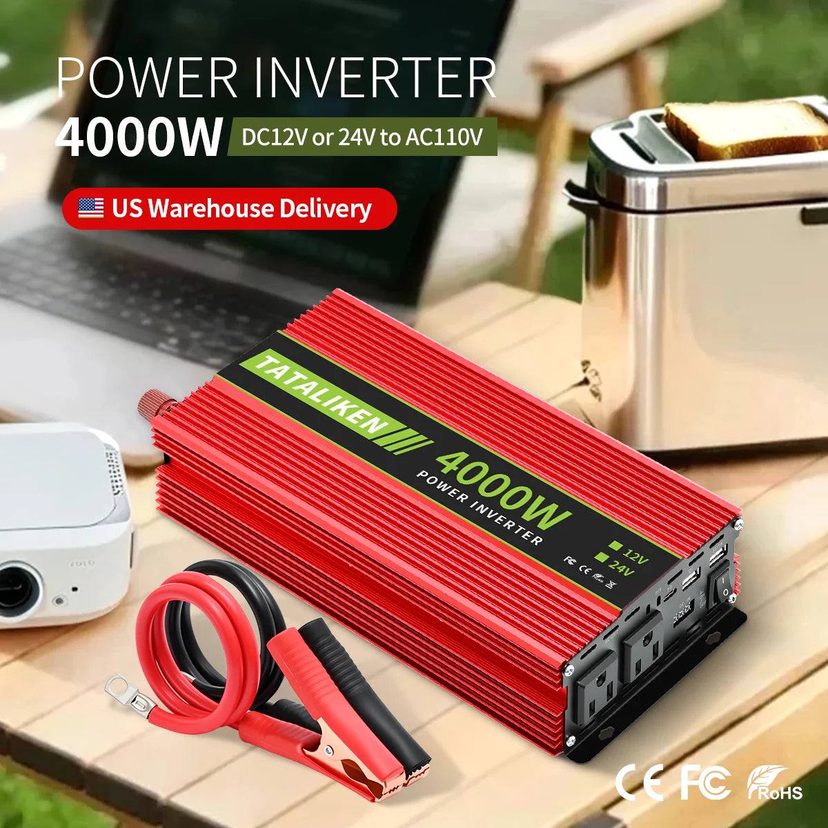 4000W Inverter, DC 12V to AC 110V60HZ power converter Camping Power Converter,Quiet Power Inverter
