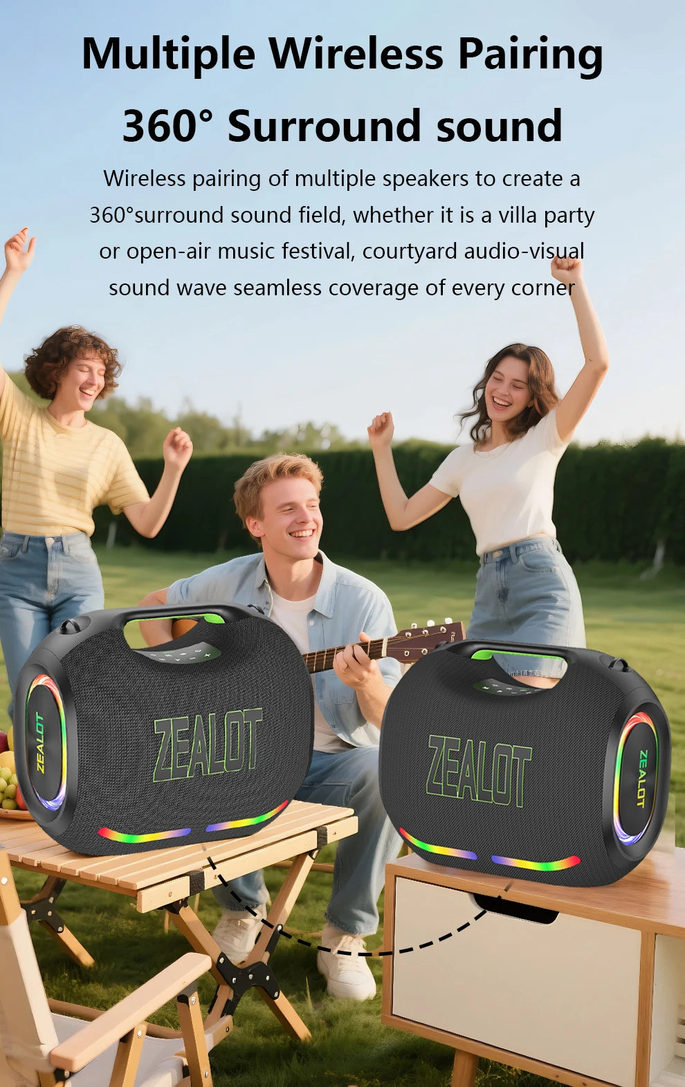 ZEALOT ZE21 250W Wireless Speaker, Outdoor Portable, 48000mAh Long Battery, With RGB Color Lights, Up To 18 Hours Of Play Time.