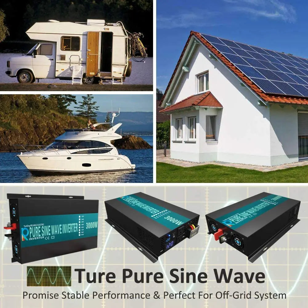 Pure Sine Wave Inverter 3000W Solar Panel Generator Power Supply Voltage Converter 12V/24V/48VDC to 100/110/120V/220V/230/240VAC