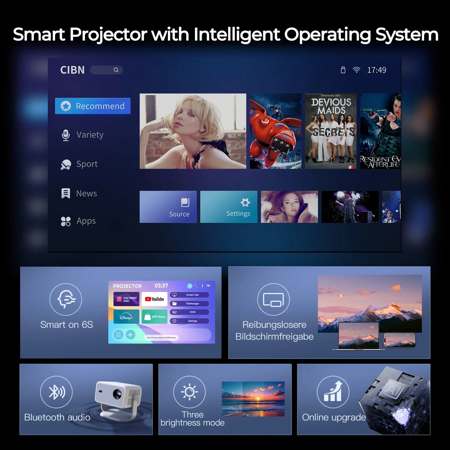 LynCast 4K L018 Projector 800ANSI Native 1080P Auto Focus & Keystone 360° Rotate Android 11 BT5.2 WIFI6 Portable Home Theater