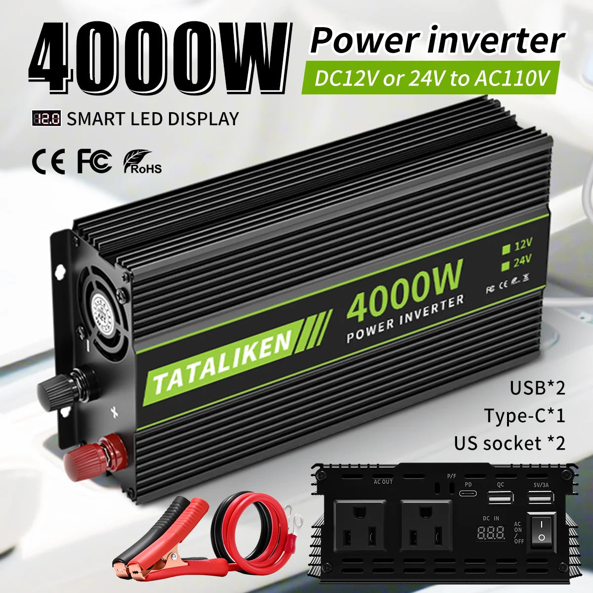 4000W Car Inverter, DC 12V to AC 110V60HZ power converter with LCD display, suitable for camping