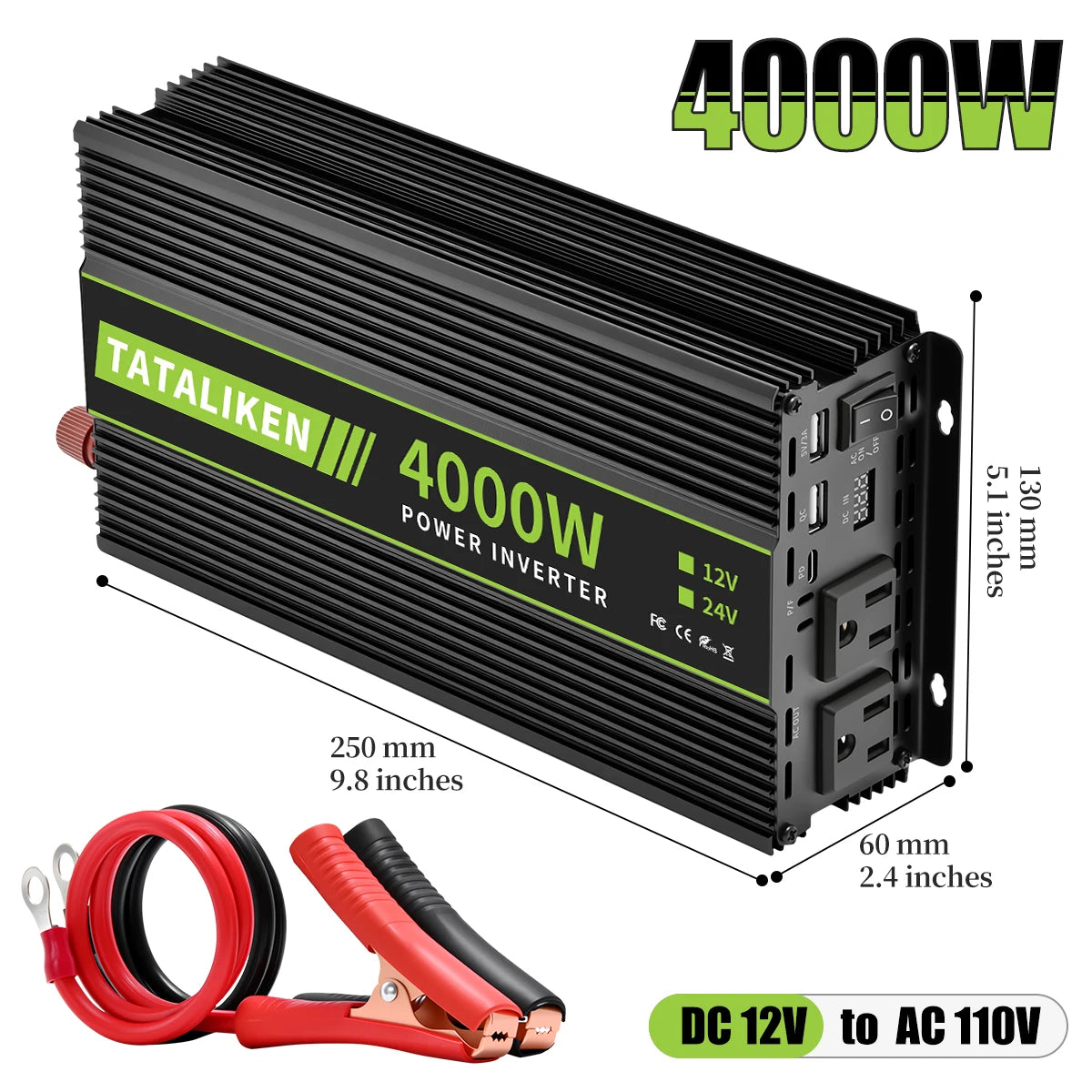 4000W Car Inverter, DC 12V to AC 110V60HZ power converter with LCD display, suitable for camping