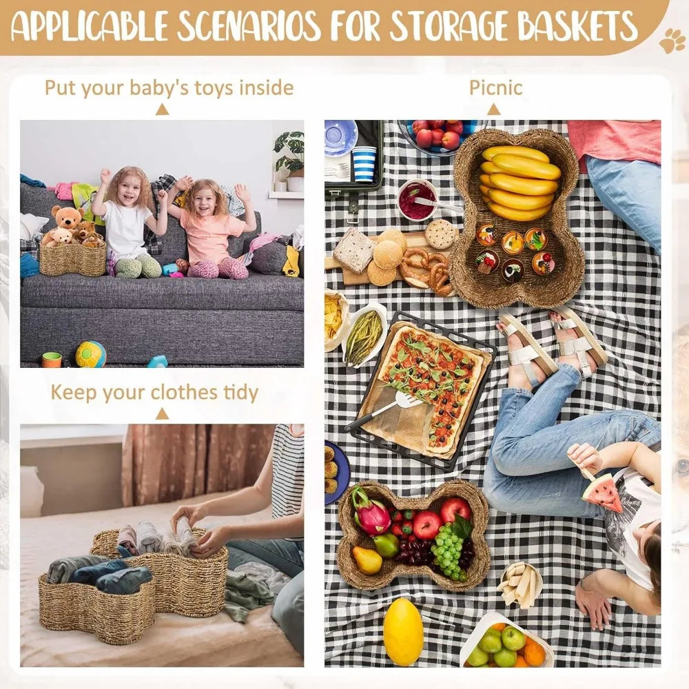 2 Pcs Dog Toy Basket Bone Shaped Dog Toy Box Bin Handmade Wicker Bone Shaped Basket for Pet Storage Organizer, 2 Sizes 16. 1 x