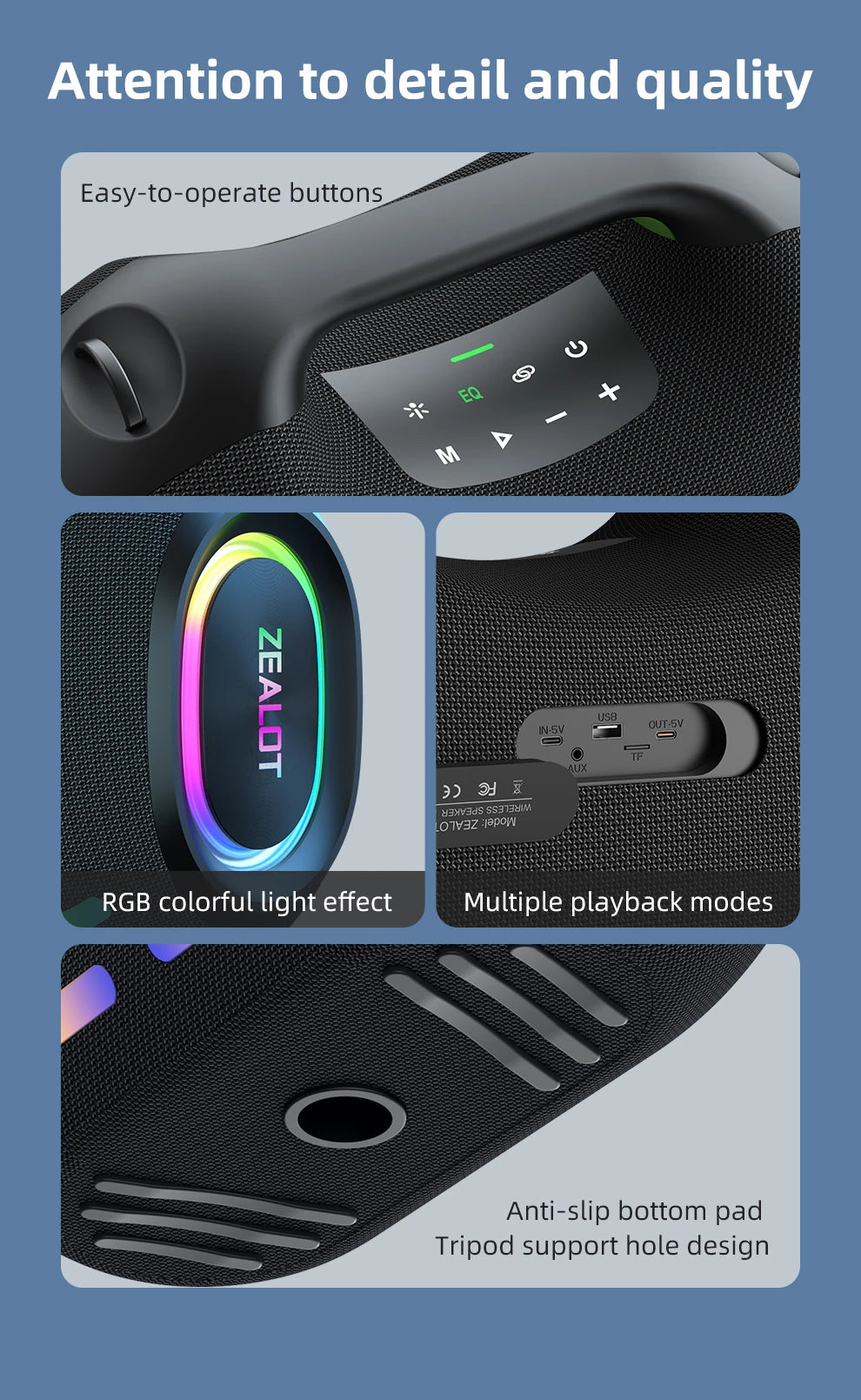 ZEALOT ZE21 250W Wireless Speaker, Outdoor Portable, 48000mAh Long Battery, With RGB Color Lights, Up To 18 Hours Of Play Time.