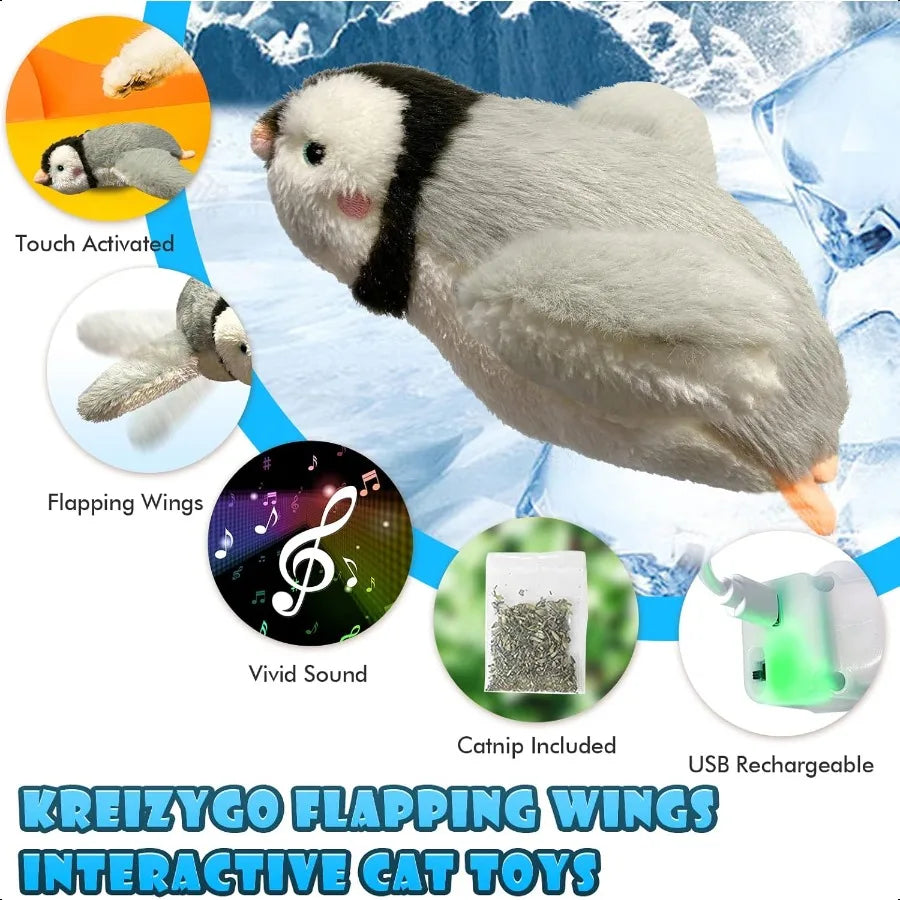 Cat Toys Flapping Wings Penguin No Flying Chirping Bird Interactive Catnip Toy for Kitten or Small Dogs Touch Activated Recharg