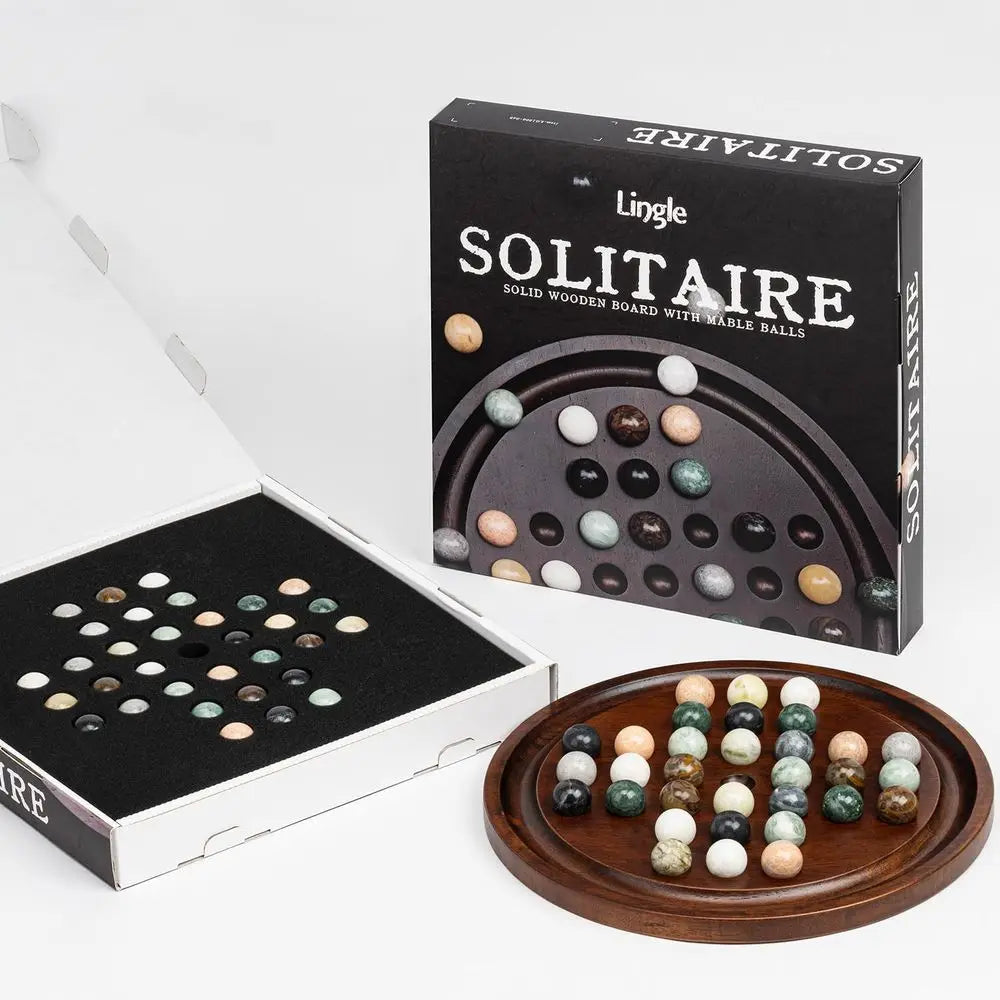 Lingle Deluxe Solitaire Game Set: 12.6'' Solid Wooden Board, 32 Natural Marble Balls, Single-Player Strategy and Smart Games