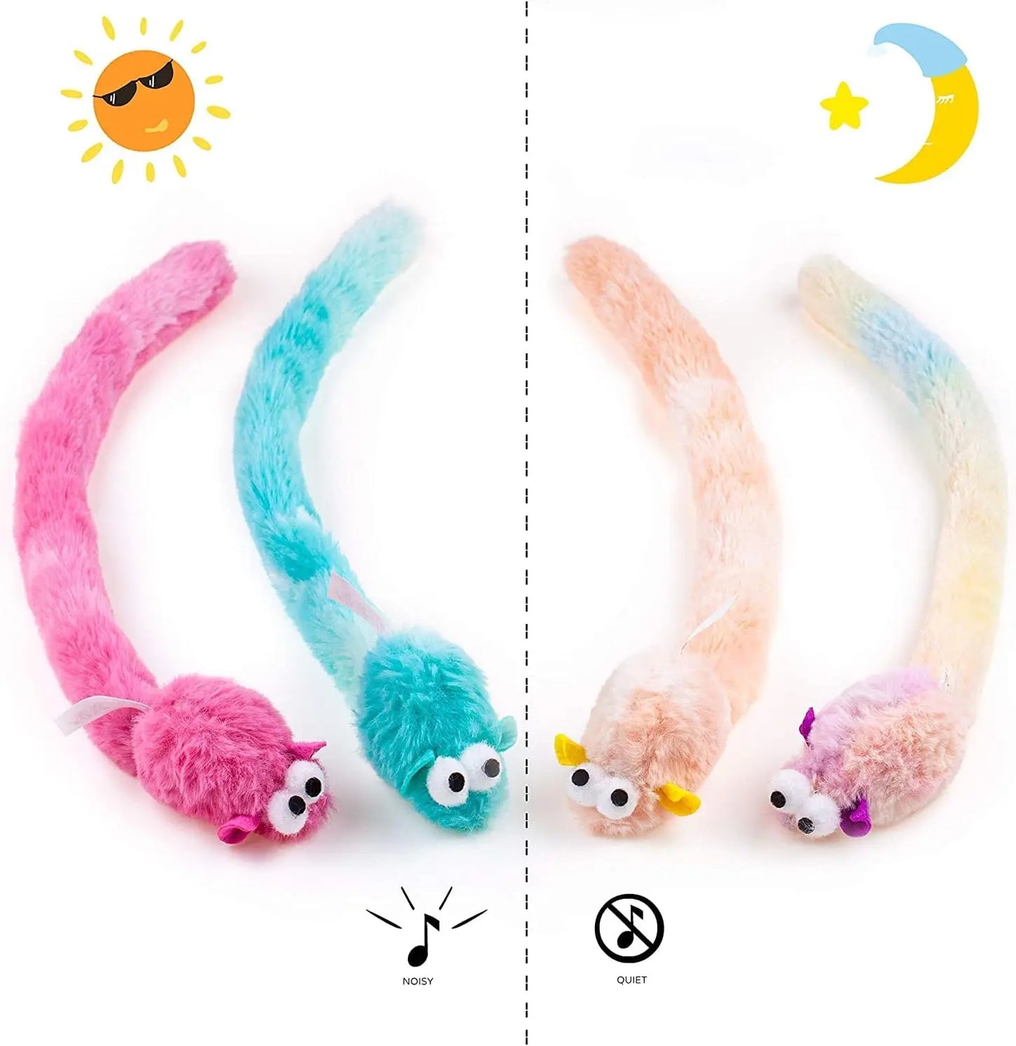 4 Packs 15 Inch Long Soft Plush Cat Toys Mice with Bell Rustle Sound Small Mouse Activity Interactive Toy