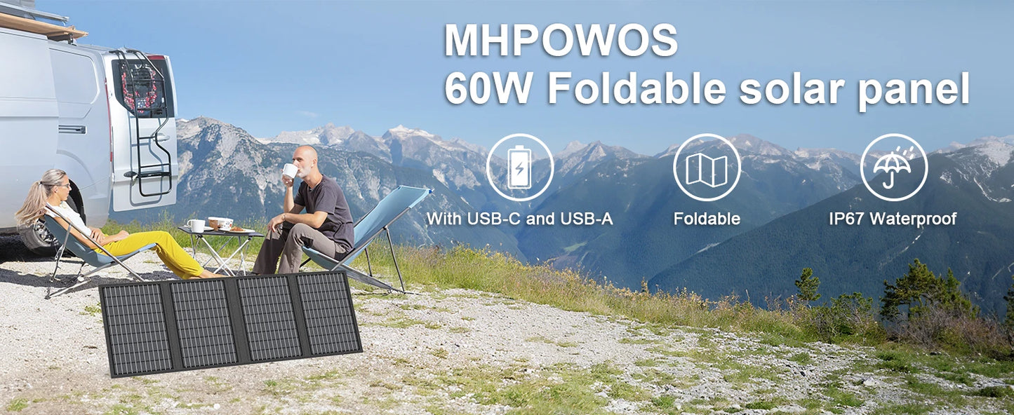 MHPOWOS Solar Battery Charger for Powerbank, 45W / 60W Foldable Portable Solar Panel with USB C, DC Output for Camping Phone