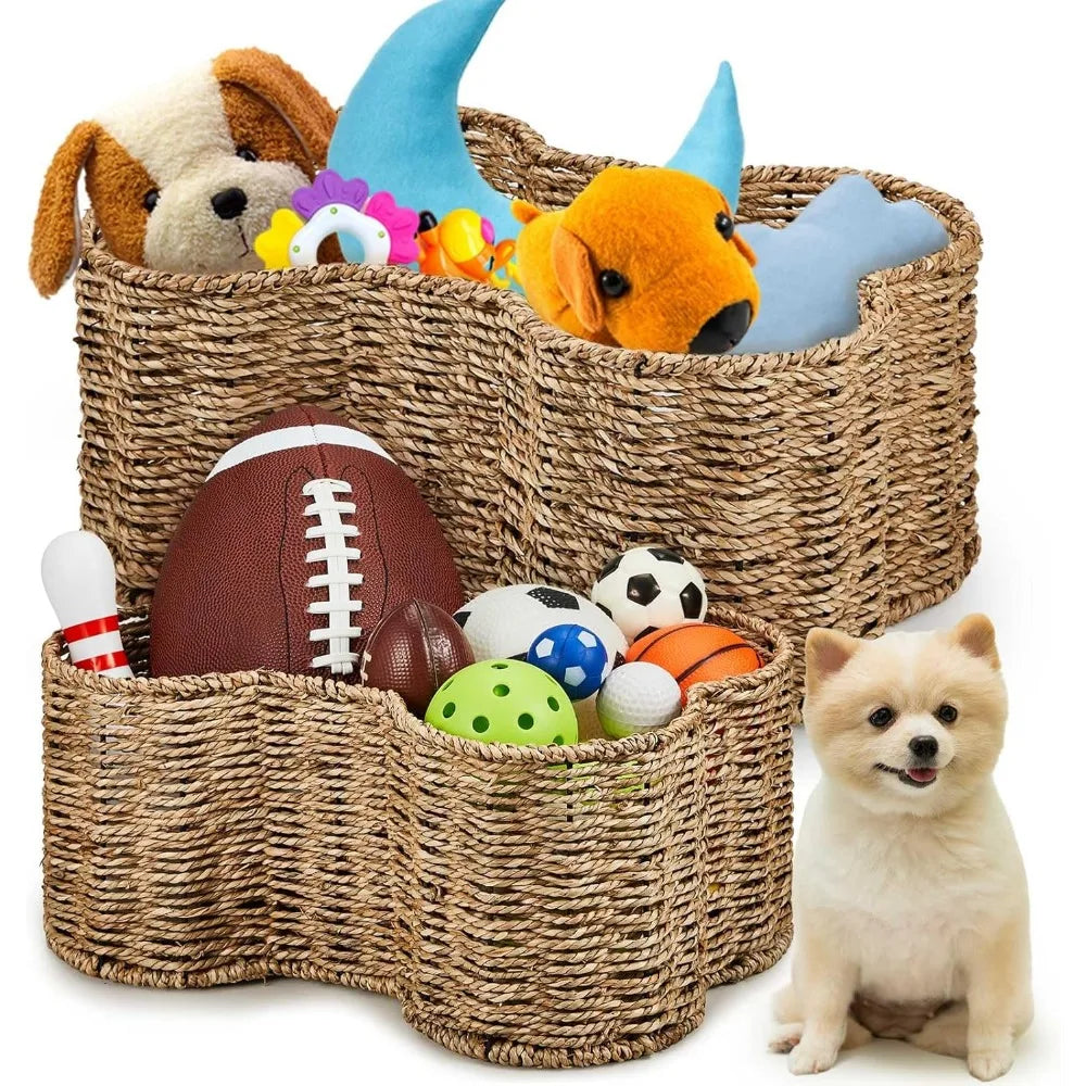 2 Pcs Dog Toy Basket Bone Shaped Dog Toy Box Bin Handmade Wicker Bone Shaped Basket for Pet Storage Organizer, 2 Sizes 16. 1 x