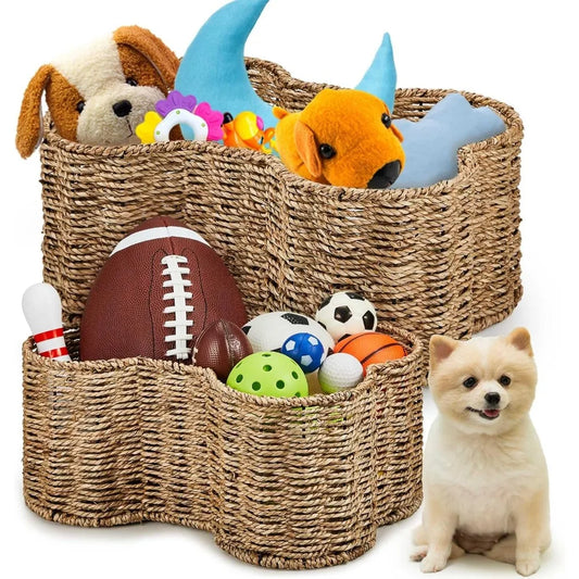 2 Pcs Dog Toy Basket Bone Shaped Dog Toy Box Bin Handmade Wicker Bone Shaped Basket for Pet Storage Organizer, 2 Sizes 16. 1 x