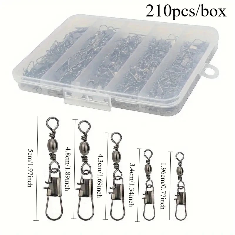 Ackibbik 210pcs/set Fishing Swivels Snap Swivels Barrel Swivels with Snaps, Fishing Swivels Saltwater Freshwater Snap Connector