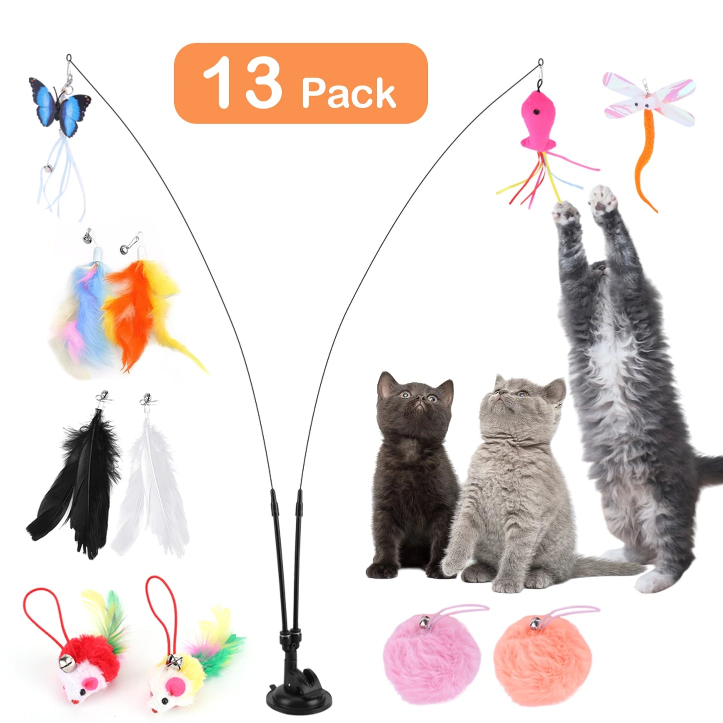 Pet Cat Toy Set Replacement Head Toy Suit Multifunction Handfree Cat Toy Stick Detachable for Cat Training Playing Accessories