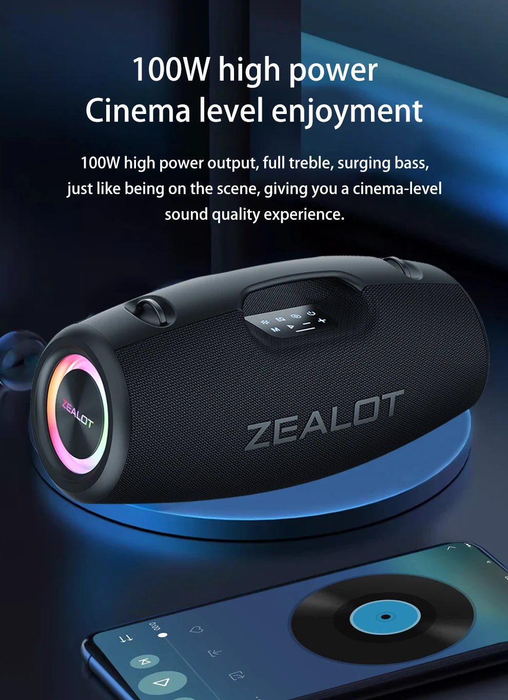 Zealot S78 100W Wireless Speakers, DSP Technology ,Dream Light, Outdoor Portable Subwoofer Speaker ,  Dual Pairing,24000mAh.