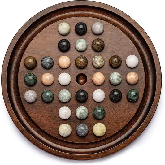 Lingle Deluxe Solitaire Game Set: 12.6'' Solid Wooden Board, 32 Natural Marble Balls, Single-Player Strategy and Smart Games