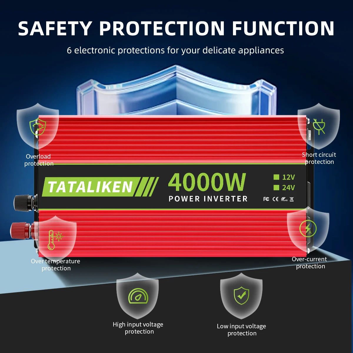 4000W Car Inverter, DC 12V to AC 110V60HZ power converter with LCD display, suitable for camping