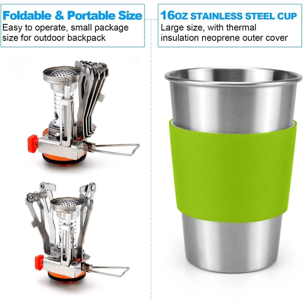 Camping Cookware Stove Carabiner Canister Stand Tripod and Stainless Steel Cup, Tank Bracket, Fork Spoon Kit for Backpacking