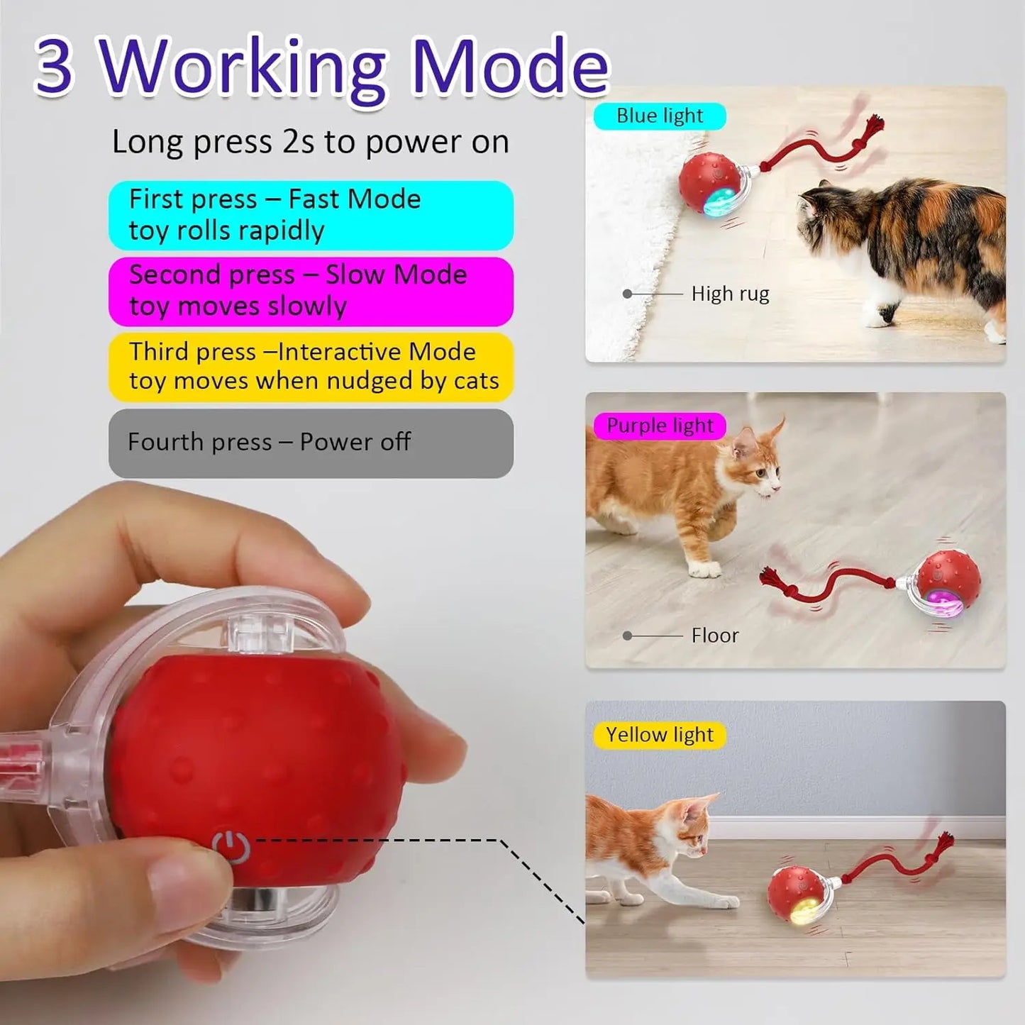 Interactive cat toy ball for indoor cats rolls quickly on the carpet, chirping and activating cat toys with movements (red)