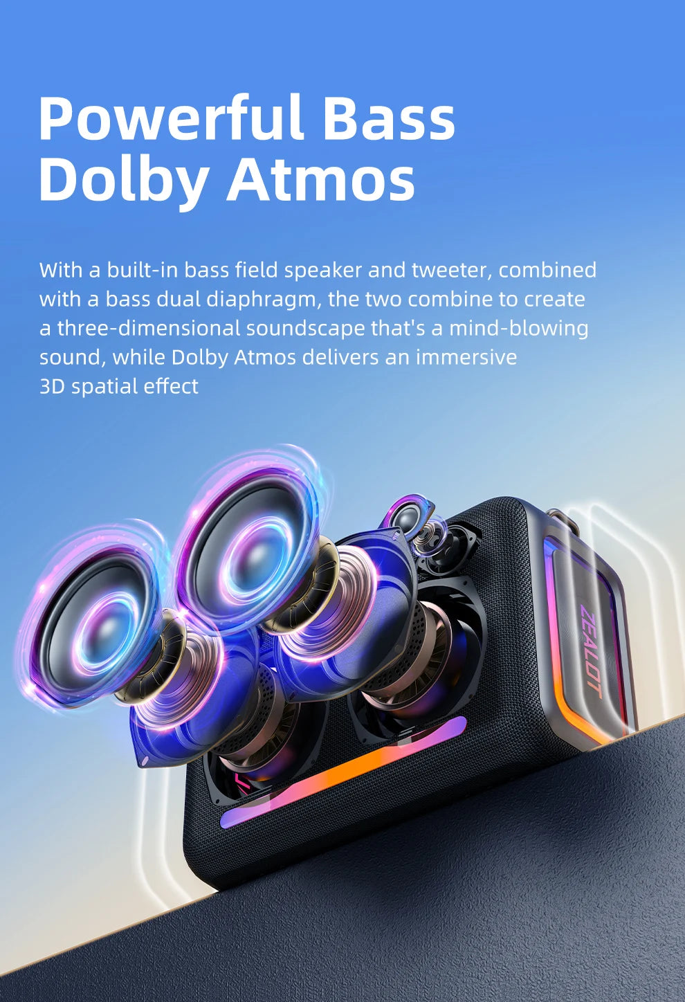 ZEALOT-S95 120W Waterproof Portable Loud Bluetooth Speaker, Wireless Outdoor Boombox SubwooferTriple Passive Radiators-Deep Bass